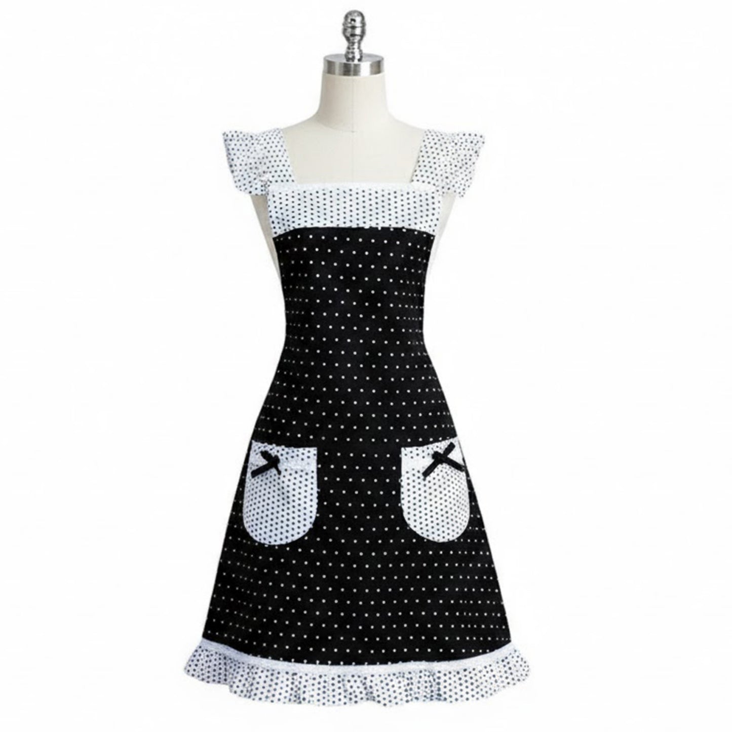 Polka Dot Kitchen Apron with Ruffle Trim Adjustable Shoulder Straps Waist Ties and Front Pockets