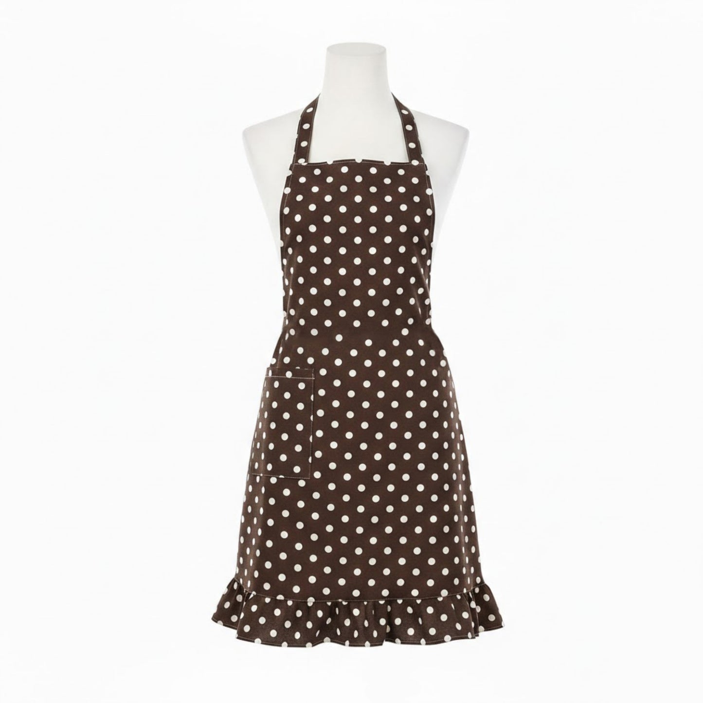 Polka Dot Kitchen Apron with Adjustable Neck Strap Front Pocket and Ruffled Hem