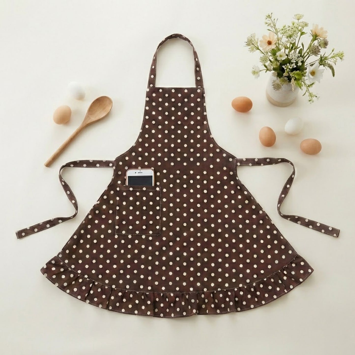 Polka Dot Kitchen Apron with Adjustable Neck Strap Front Pocket and Ruffled Hem
