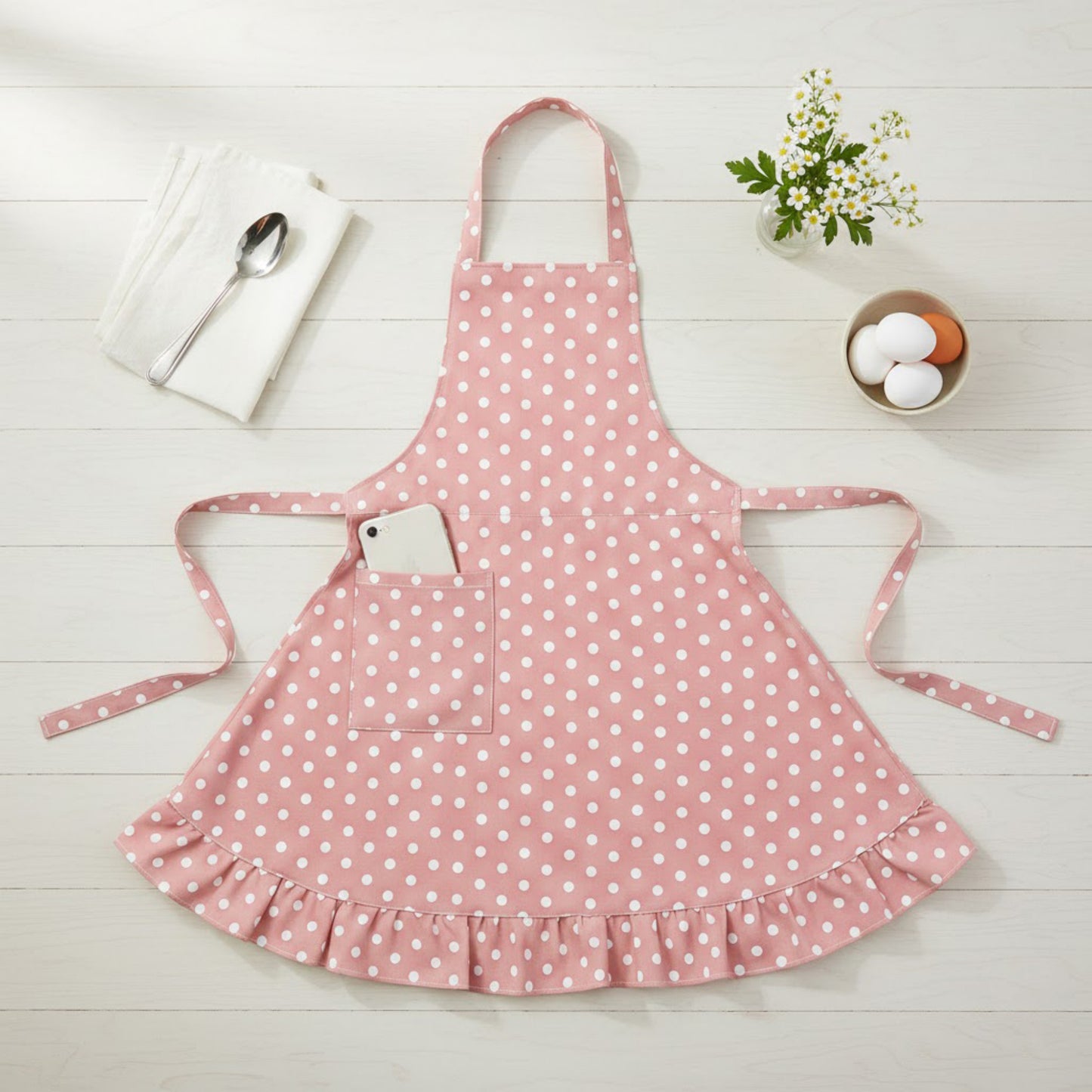 Polka Dot Kitchen Apron with Adjustable Neck Strap Front Pocket and Ruffled Hem