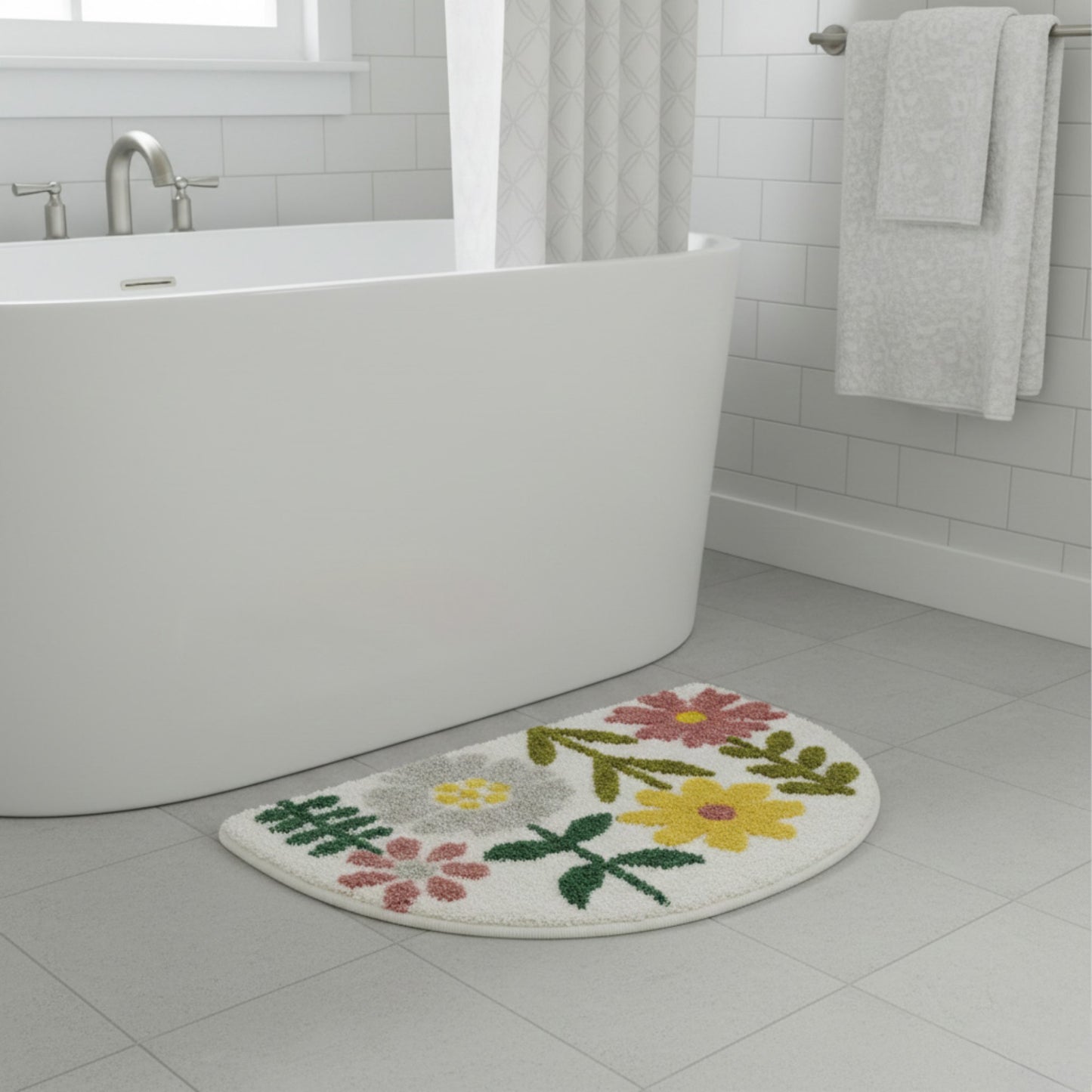 Floral Botanical Half Moon Bathroom Floor Mat Soft Absorbent with Non Slip Backing