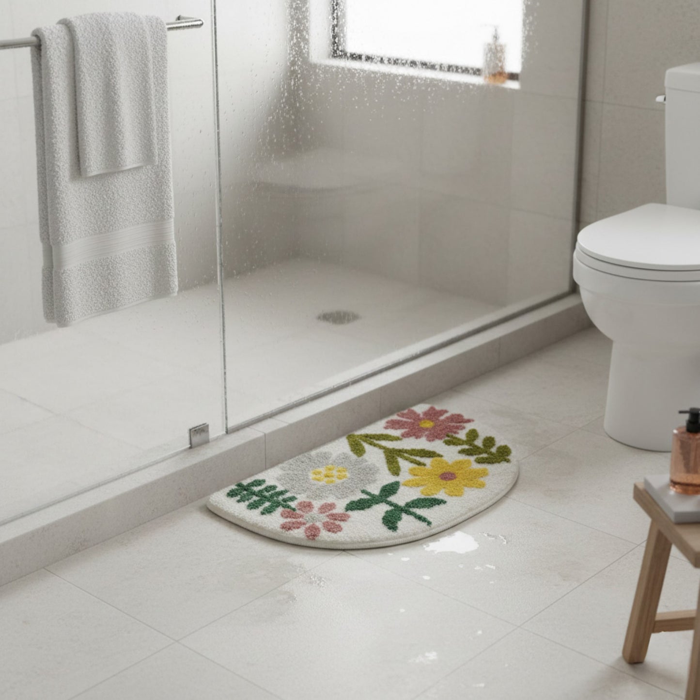 Floral Botanical Half Moon Bathroom Floor Mat Soft Absorbent with Non Slip Backing