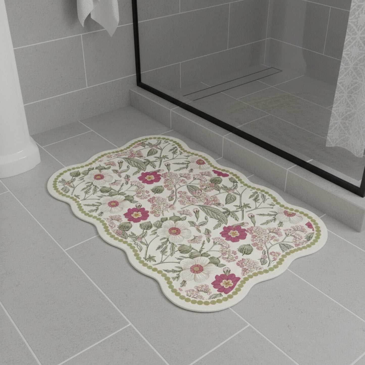 Floral Vine Pattern Scalloped Bathroom Floor Mat Soft Absorbent with Non Slip Backing