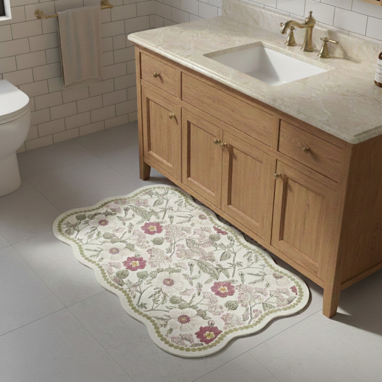 Floral Vine Pattern Scalloped Bathroom Floor Mat Soft Absorbent with Non Slip Backing