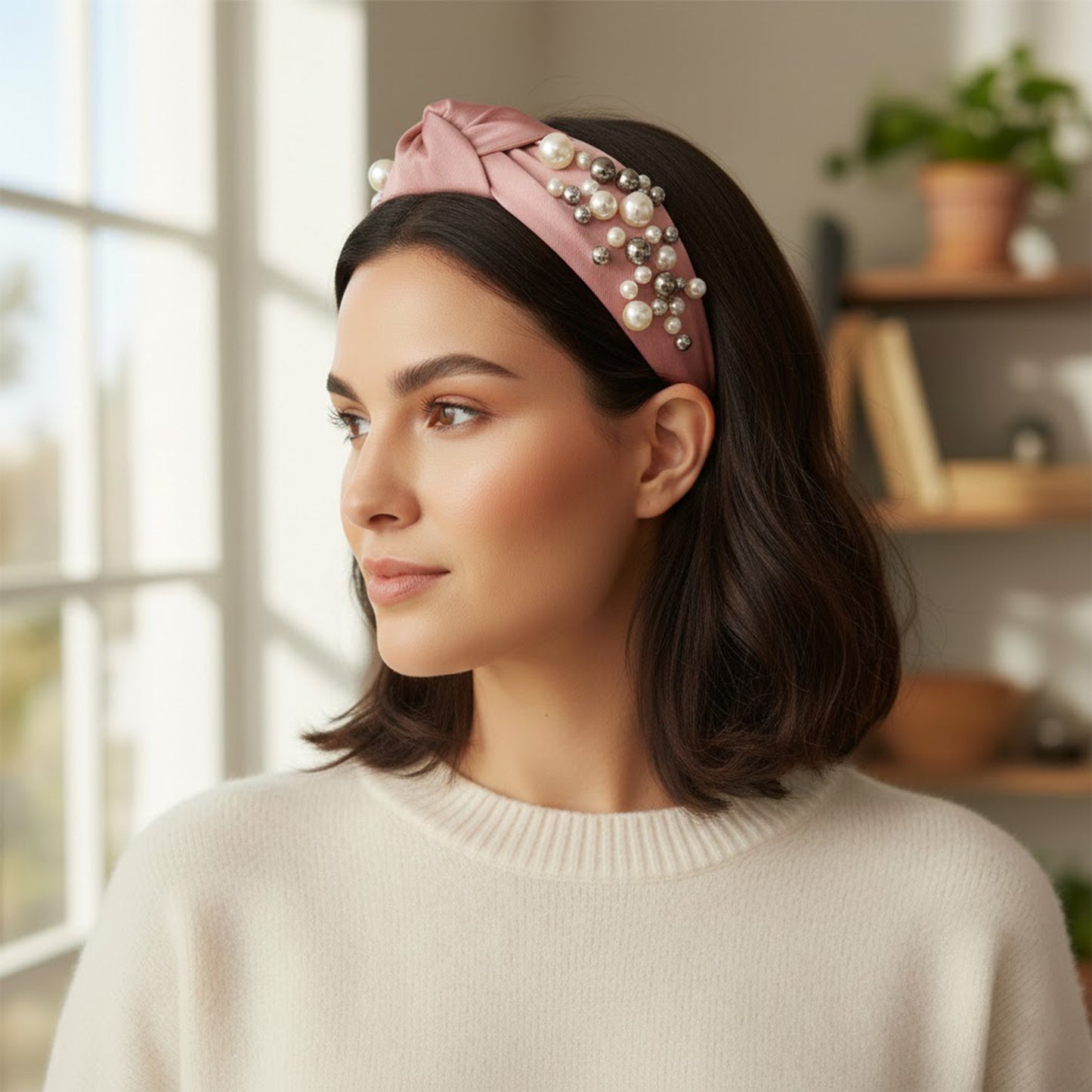 Womens Pearl Embellished Knotted Fabric Headband Comfortable Wide Fit