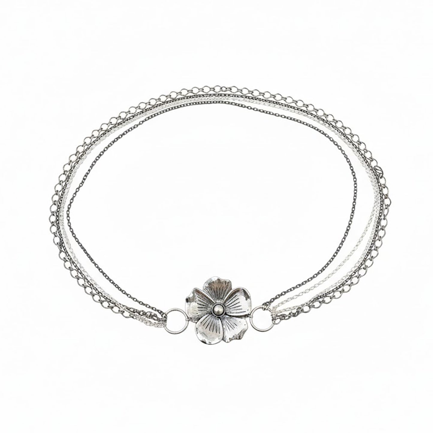Floral Chain Belt with Layered Delicate Chains and Sculpted Flower Accent