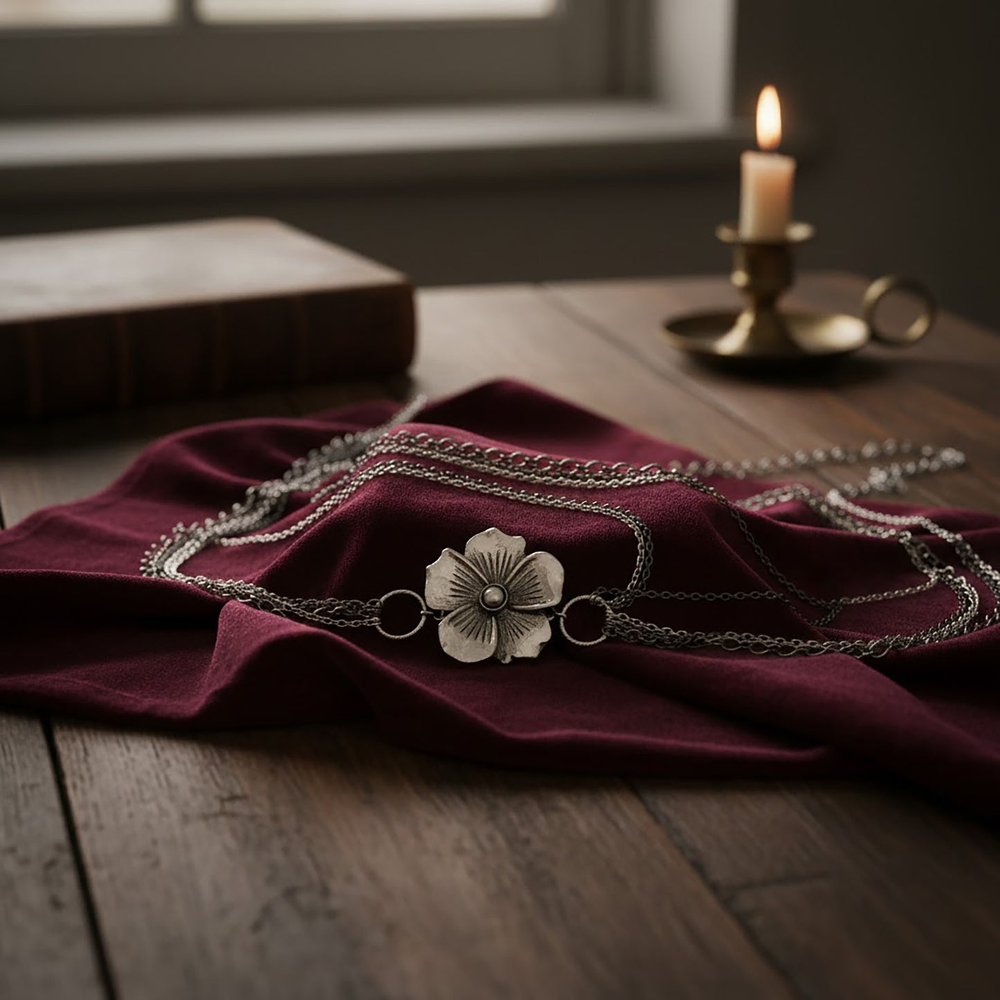 Floral Chain Belt with Layered Delicate Chains and Sculpted Flower Accent