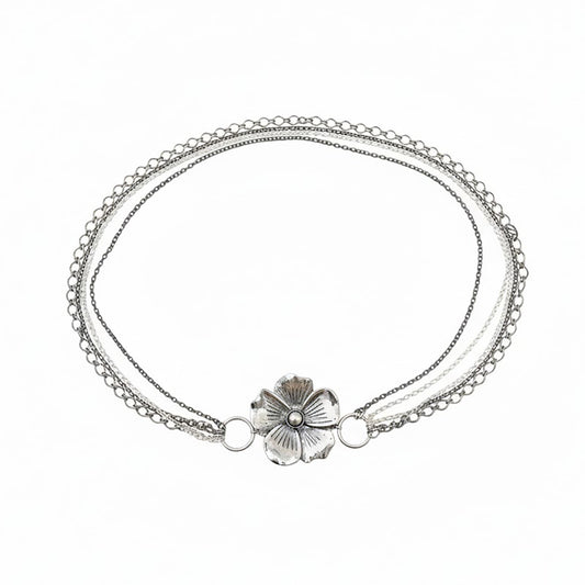 Floral Chain Belt with Layered Delicate Chains and Sculpted Flower Accent