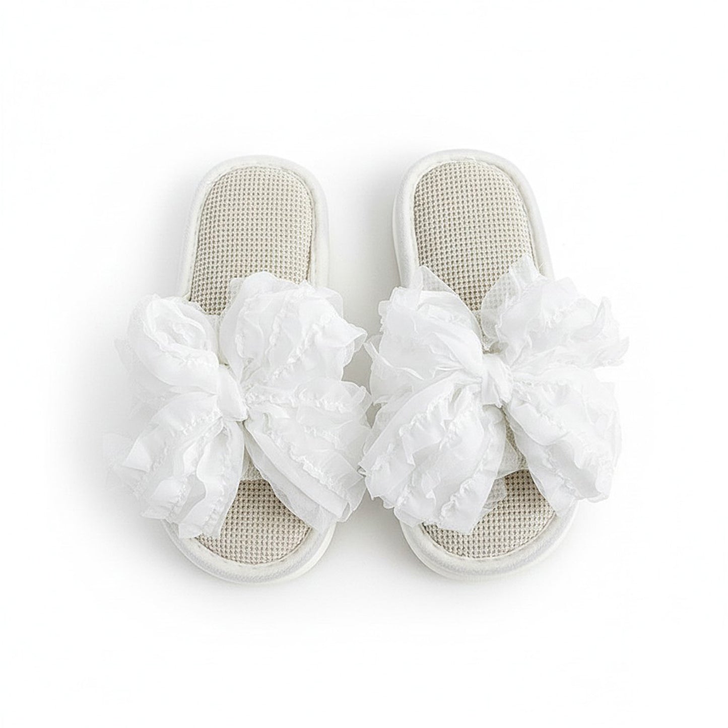 Open Toe Valentine Slide House Slippers with Sheer Bow Upper and Textured Footbed