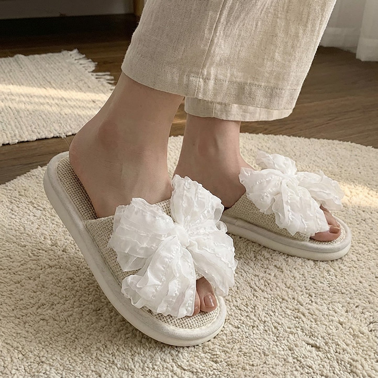 Open Toe Valentine Slide House Slippers with Sheer Bow Upper and Textured Footbed