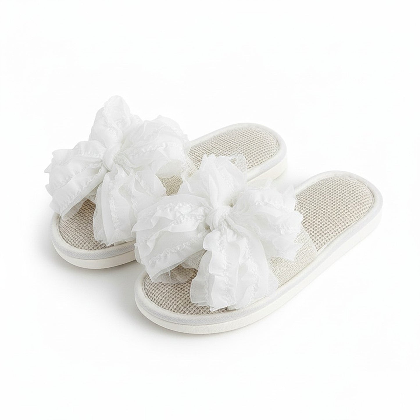 Open Toe Valentine Slide House Slippers with Sheer Bow Upper and Textured Footbed