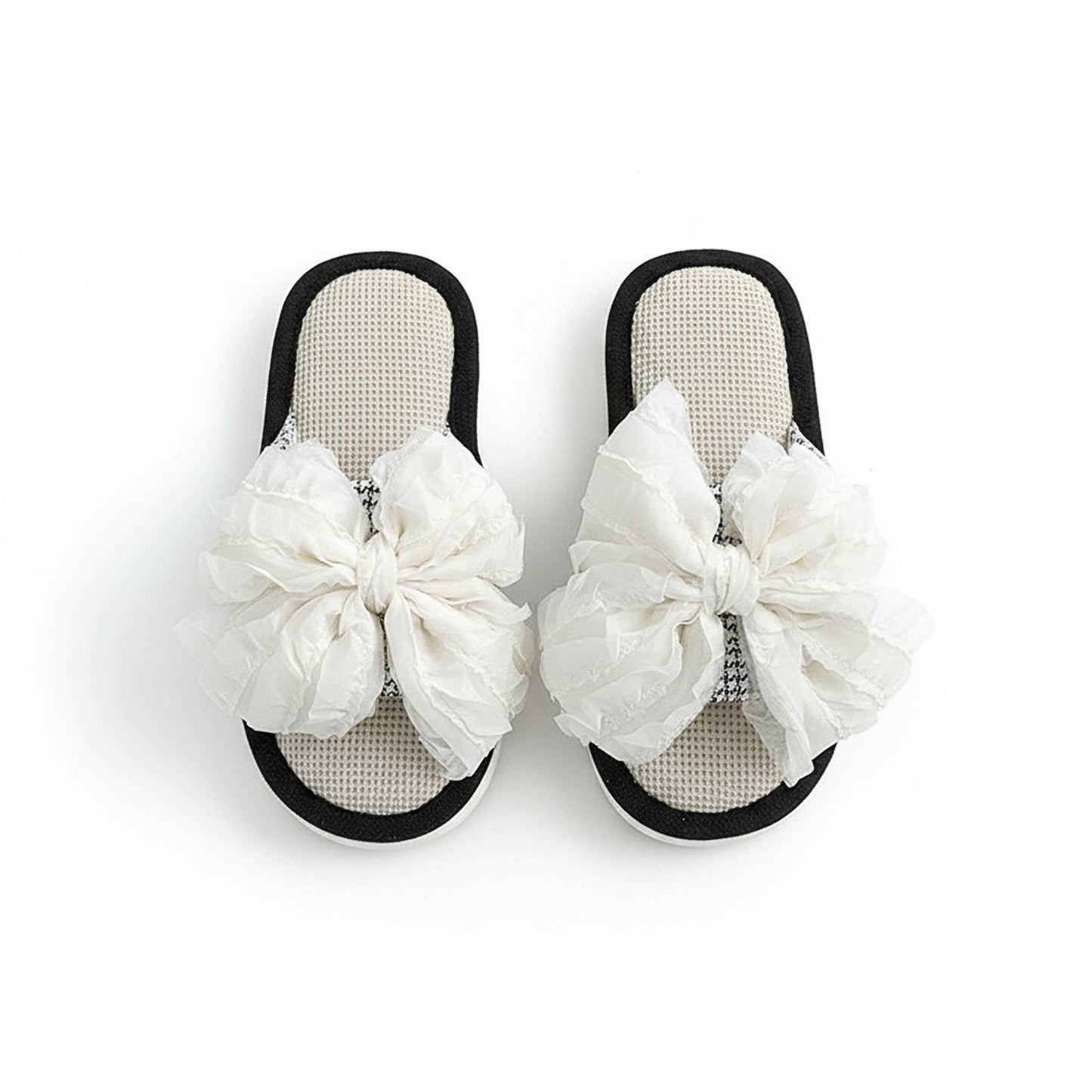Open Toe Valentine Slide House Slippers with Sheer Bow Upper and Textured Footbed