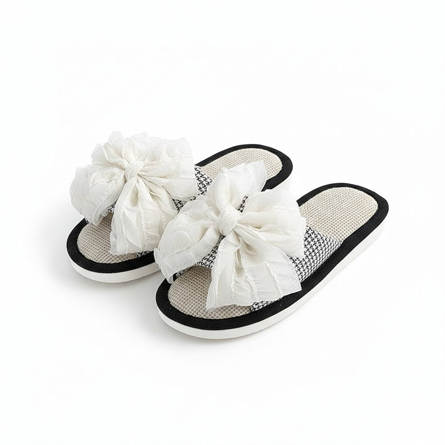 Open Toe Valentine Slide House Slippers with Sheer Bow Upper and Textured Footbed