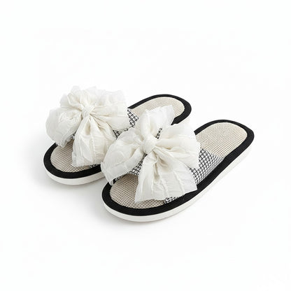 Open Toe Valentine Slide House Slippers with Sheer Bow Upper and Textured Footbed