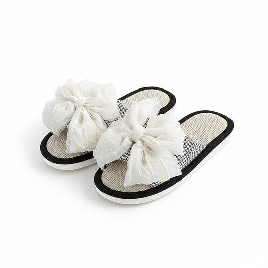 Open Toe Valentine Slide House Slippers with Sheer Bow Upper and Textured Footbed
