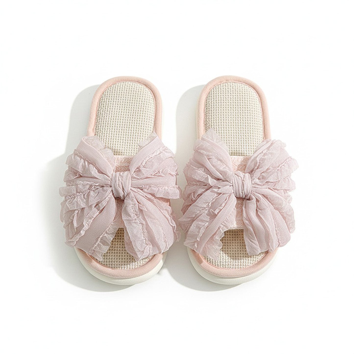 Open Toe Valentine Slide House Slippers with Sheer Bow Upper and Textured Footbed