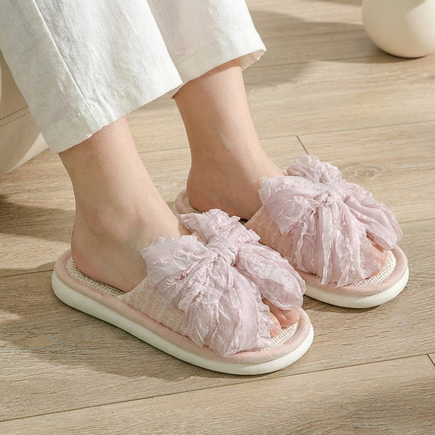 Open Toe Valentine Slide House Slippers with Sheer Bow Upper and Textured Footbed