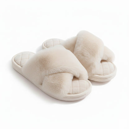 Plush Crisscross Valentine Slide House Slippers with Quilted Cushioned Footbed