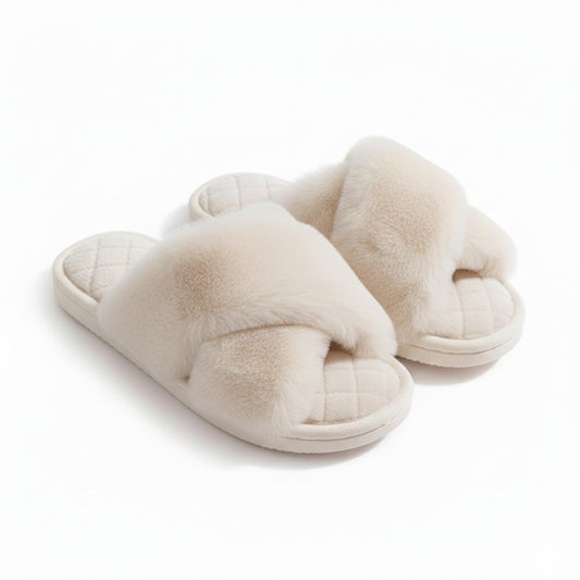 Plush Crisscross Valentine Slide House Slippers with Quilted Cushioned Footbed