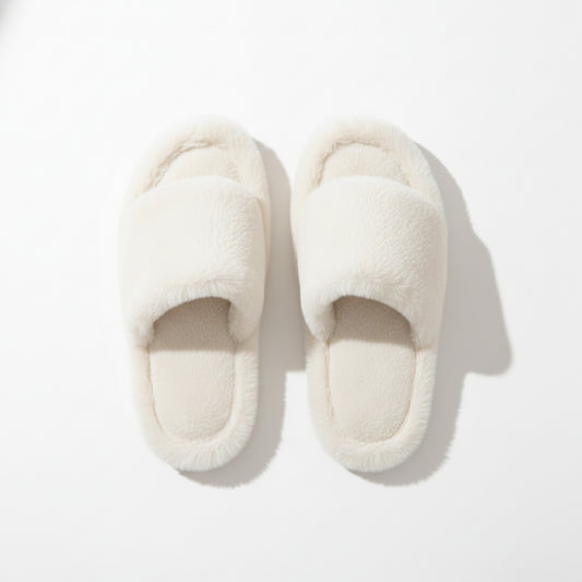 Plush Open Toe Slide House Slippers with Wide Soft Upper and Cushioned Footbed