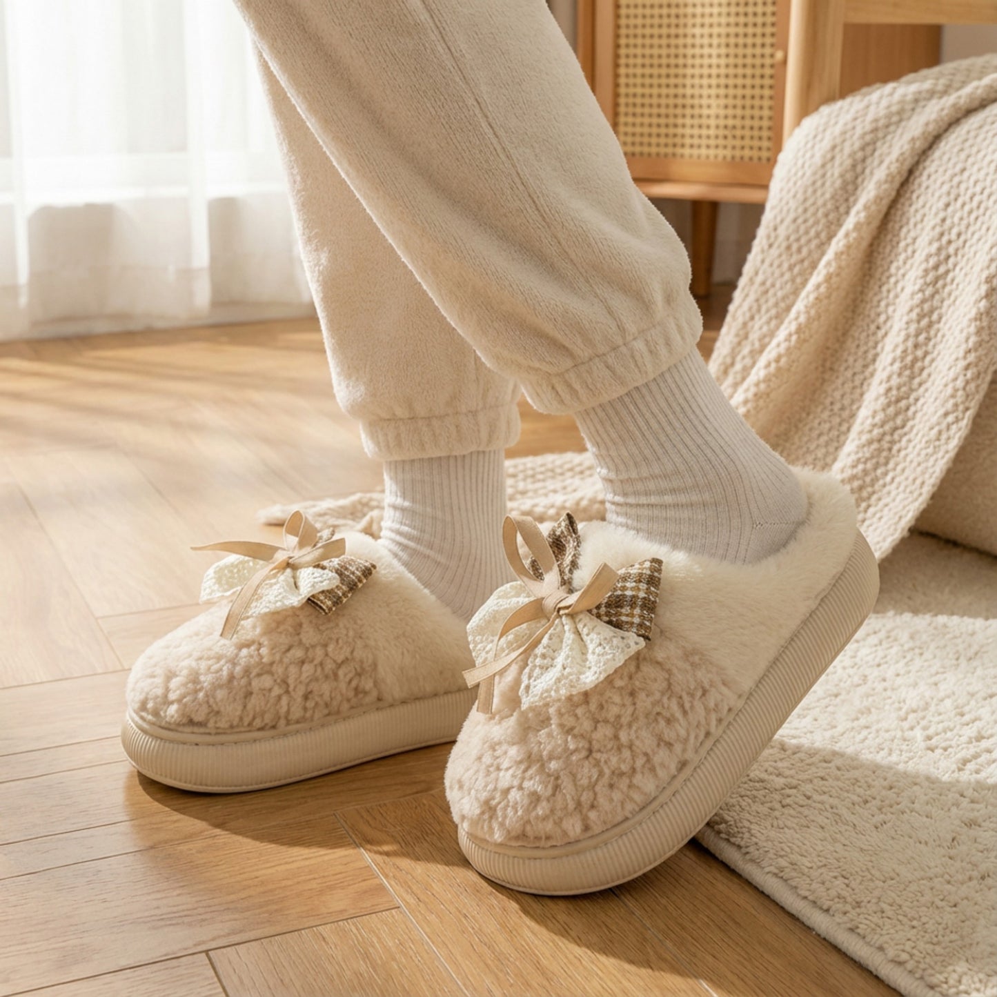 Valentine Plush Closed Toe Mule House Slippers with Decorative Bow and Cushioned Sole