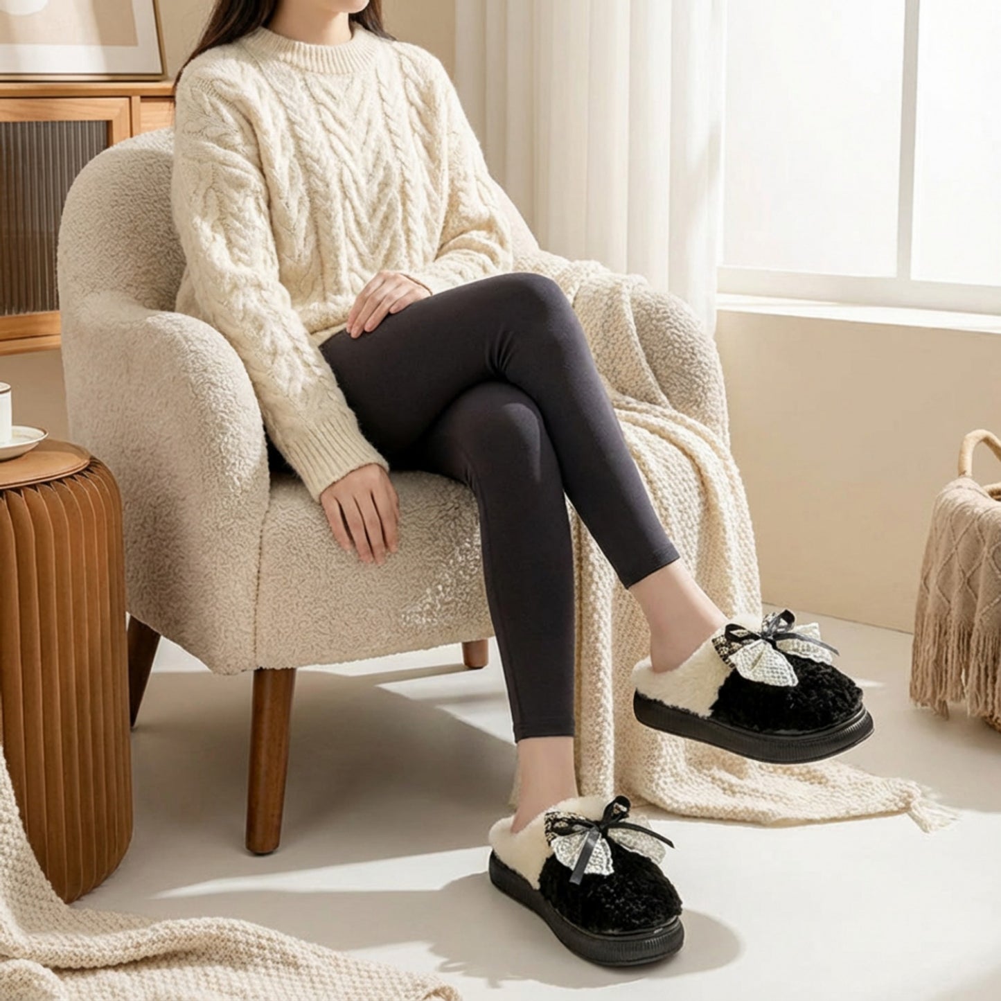 Valentine Plush Closed Toe Mule House Slippers with Decorative Bow and Cushioned Sole