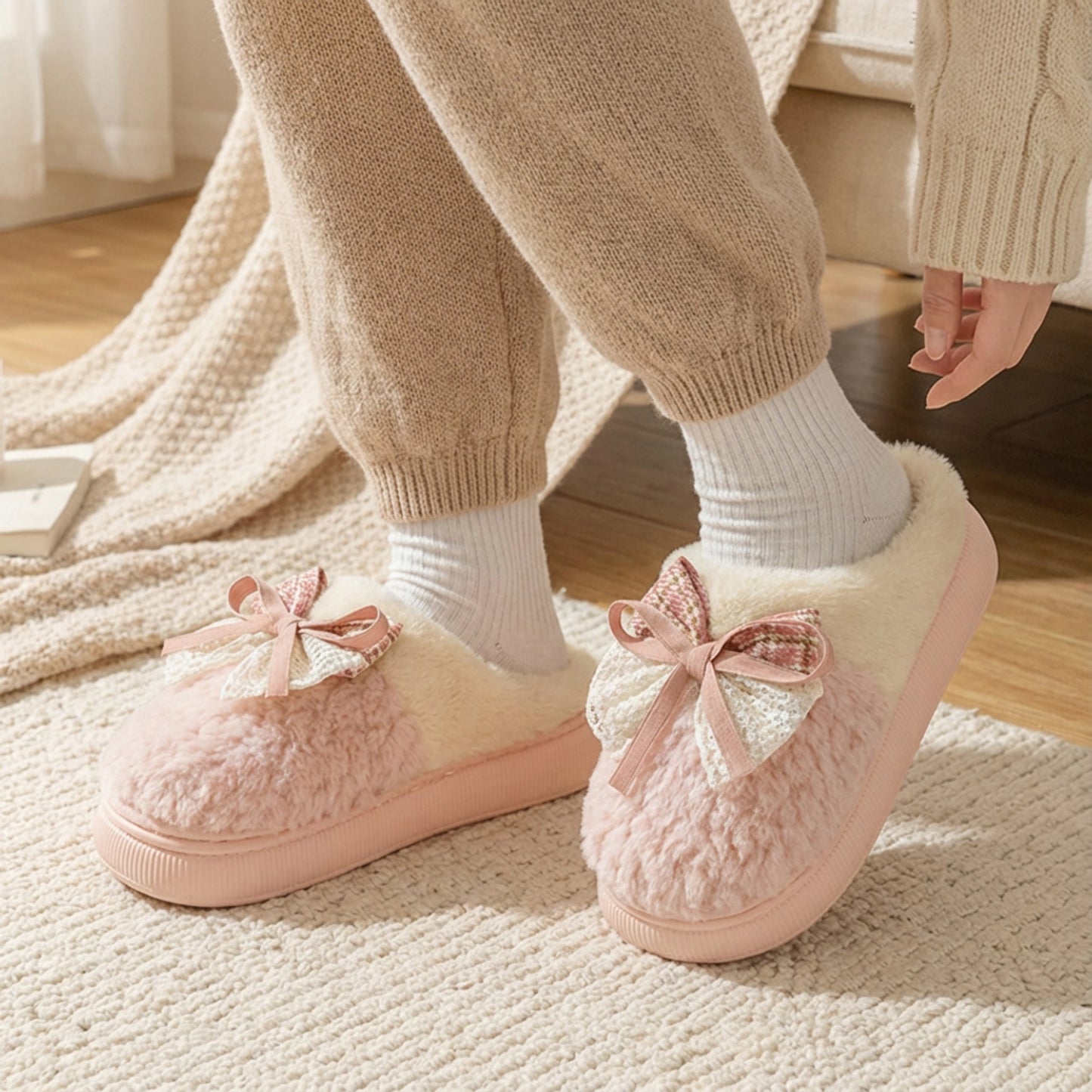 Valentine Plush Closed Toe Mule House Slippers with Decorative Bow and Cushioned Sole