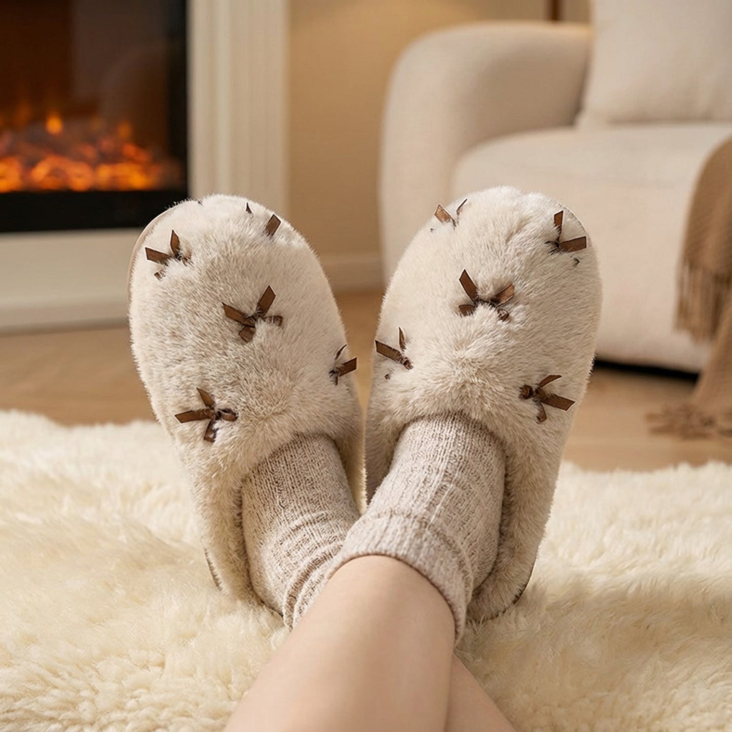 Valentine Plush Closed Toe Slide House Slippers with Mini Bow Accents and Cushioned Sole