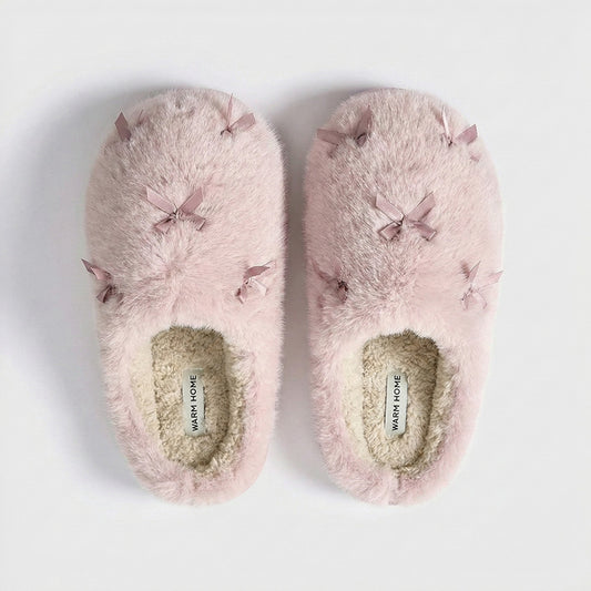 Valentine Plush Closed Toe Slide House Slippers with Mini Bow Accents and Cushioned Sole