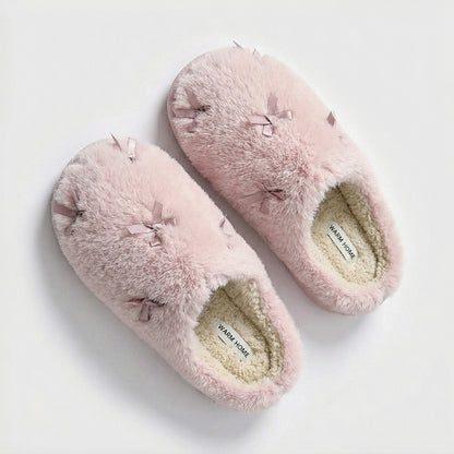 Valentine Plush Closed Toe Slide House Slippers with Mini Bow Accents and Cushioned Sole