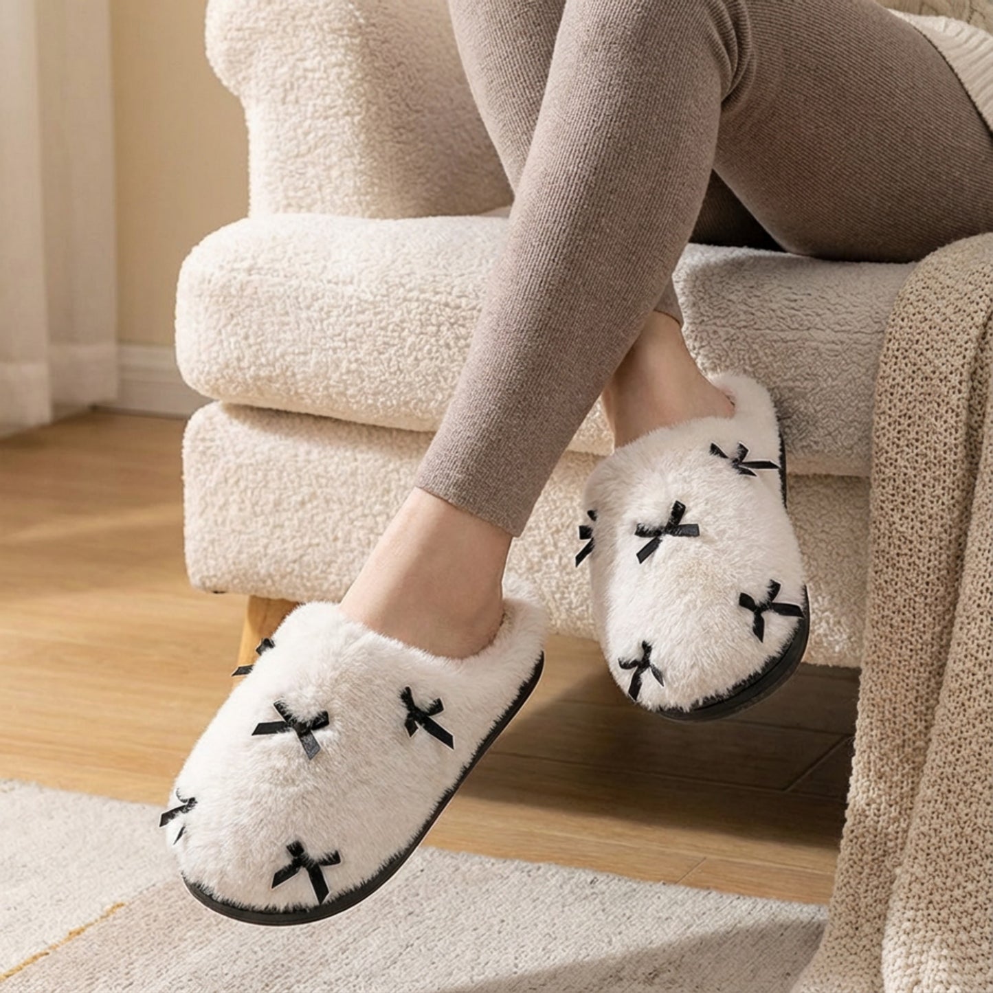 Valentine Plush Closed Toe Slide House Slippers with Mini Bow Accents and Cushioned Sole