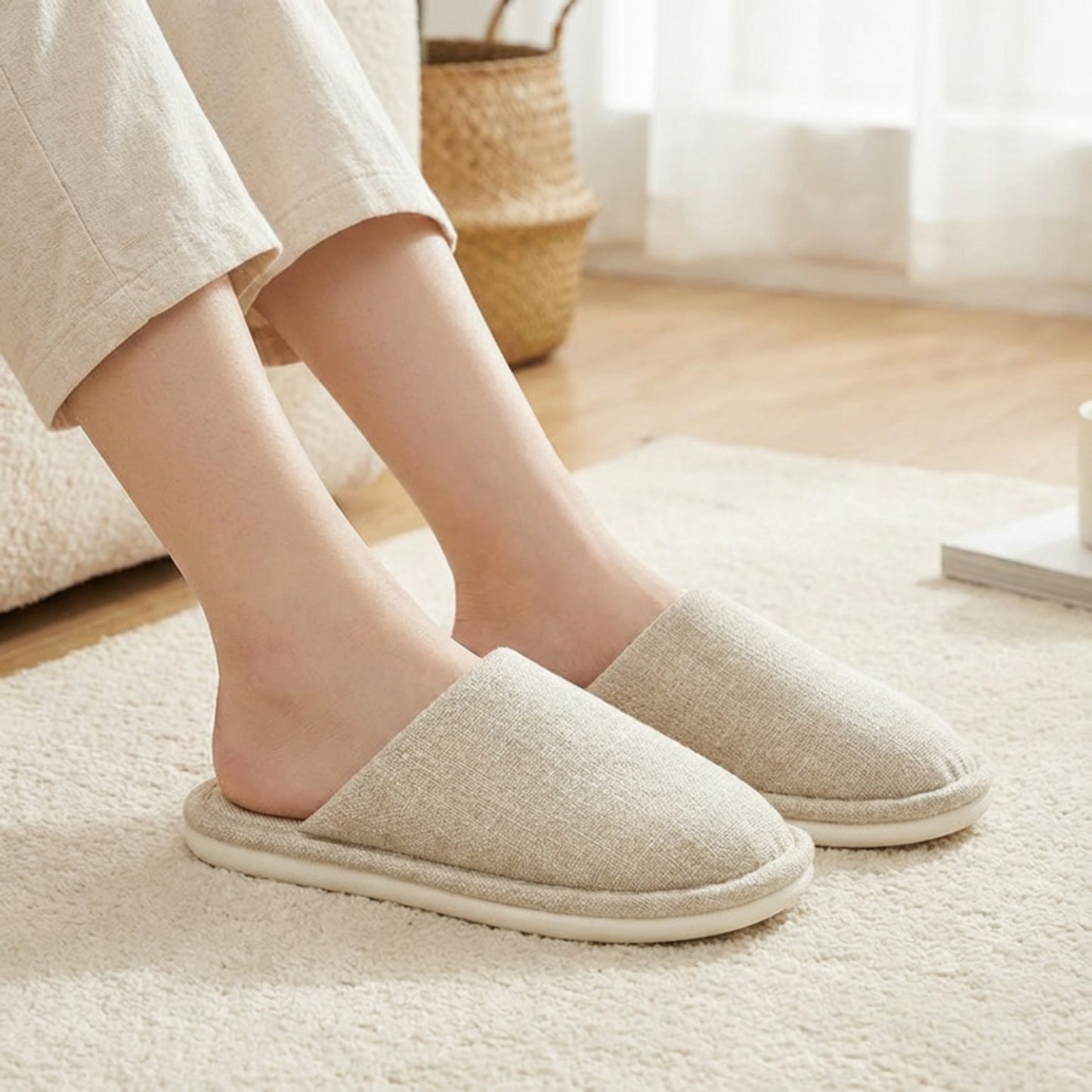 Closed Toe Slide House Slippers with Woven Texture Upper and Cushioned Footbed