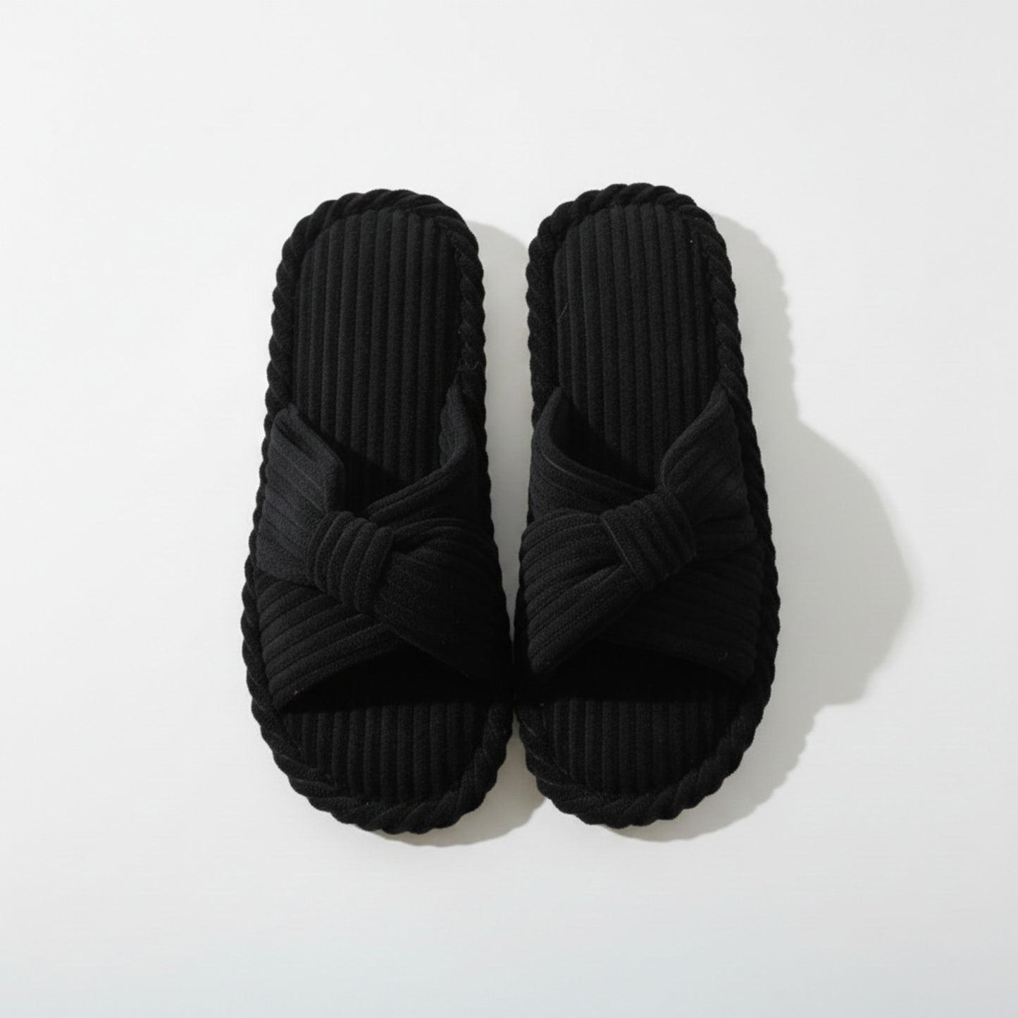Ribbed Crisscross Slide House Slippers with Textured Knit Upper and Cushioned Footbed