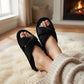 Ribbed Crisscross Slide House Slippers with Textured Knit Upper and Cushioned Footbed