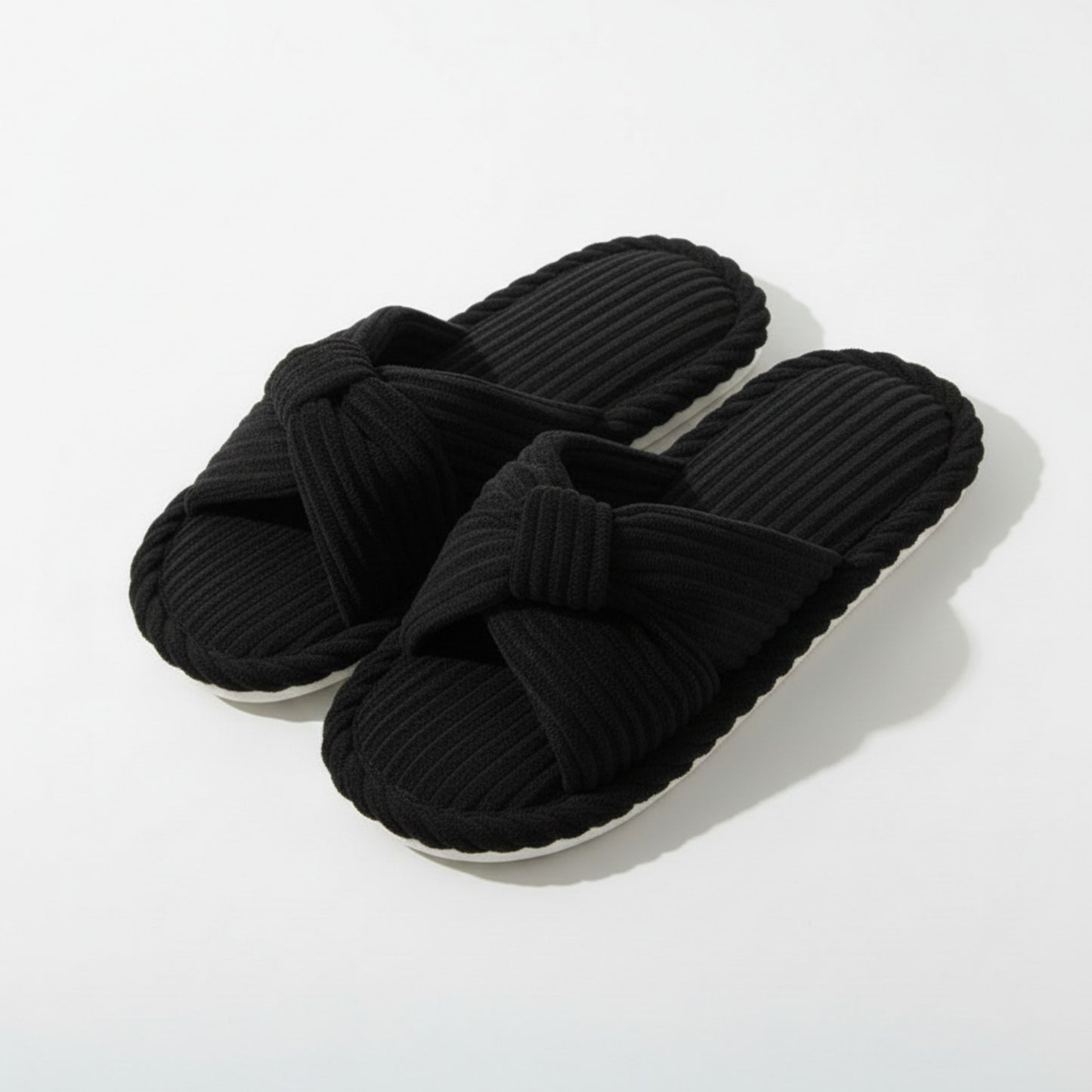 Ribbed Crisscross Slide House Slippers with Textured Knit Upper and Cushioned Footbed