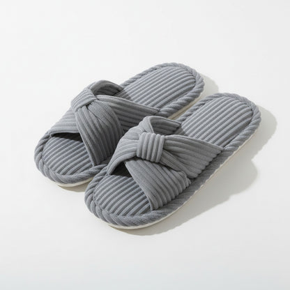 Ribbed Crisscross Slide House Slippers with Textured Knit Upper and Cushioned Footbed
