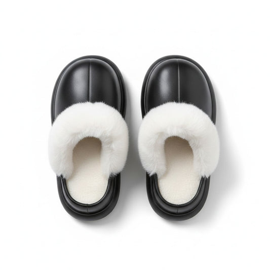 Closed Toe Mule House Slippers with Smooth Upper and Plush Faux Shearling Trim
