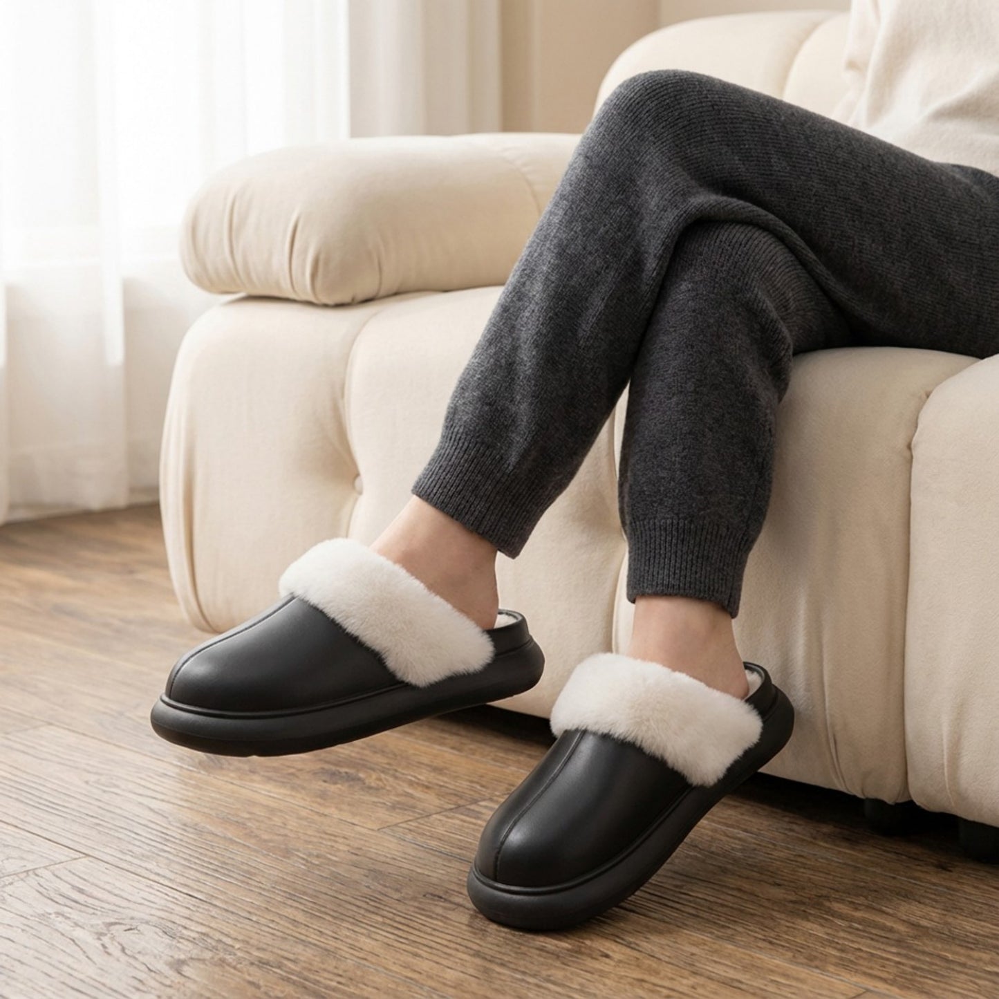 Closed Toe Mule House Slippers with Smooth Upper and Plush Faux Shearling Trim