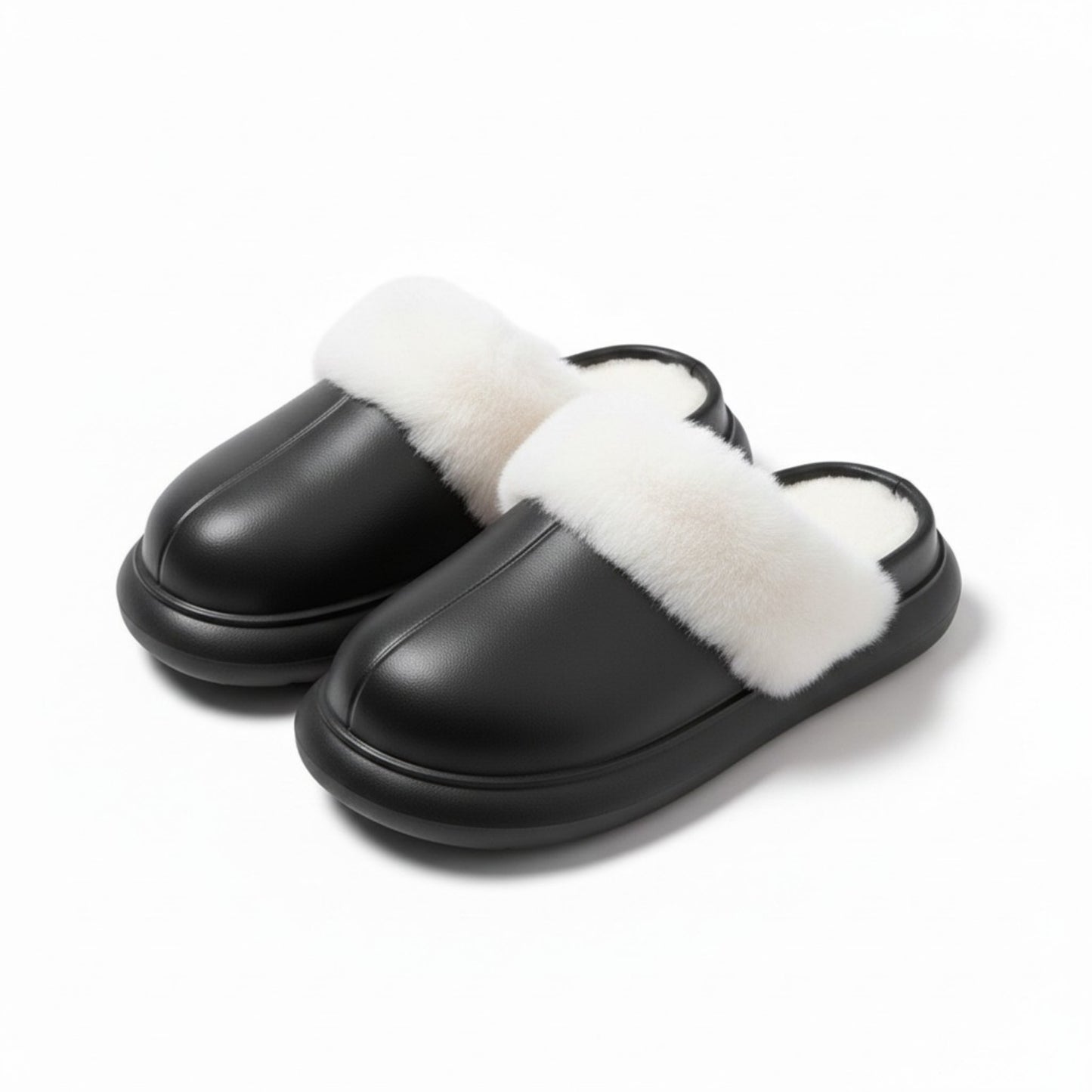 Closed Toe Mule House Slippers with Smooth Upper and Plush Faux Shearling Trim