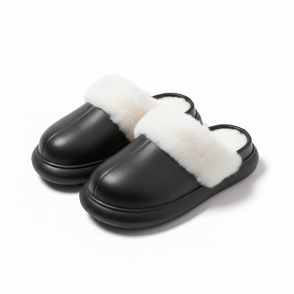 Closed Toe Mule House Slippers with Smooth Upper and Plush Faux Shearling Trim