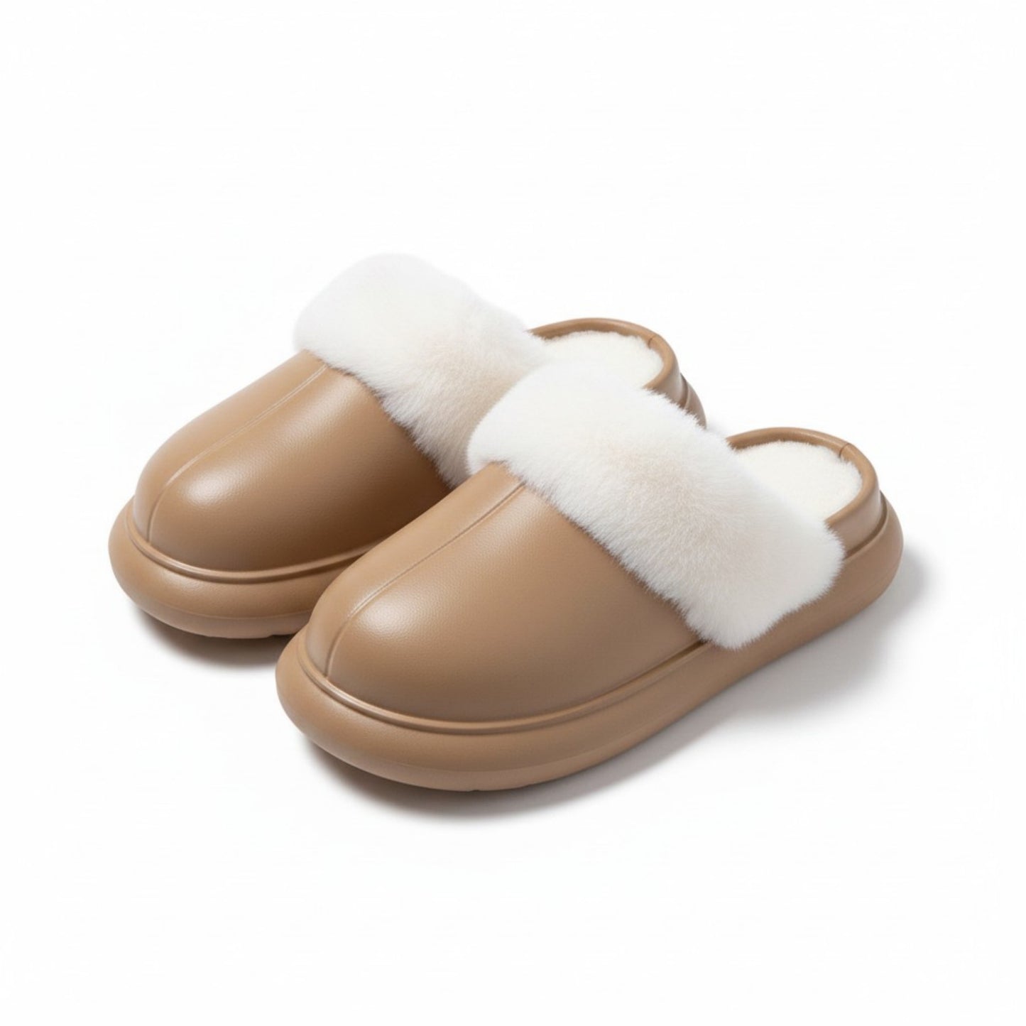 Closed Toe Mule House Slippers with Smooth Upper and Plush Faux Shearling Trim