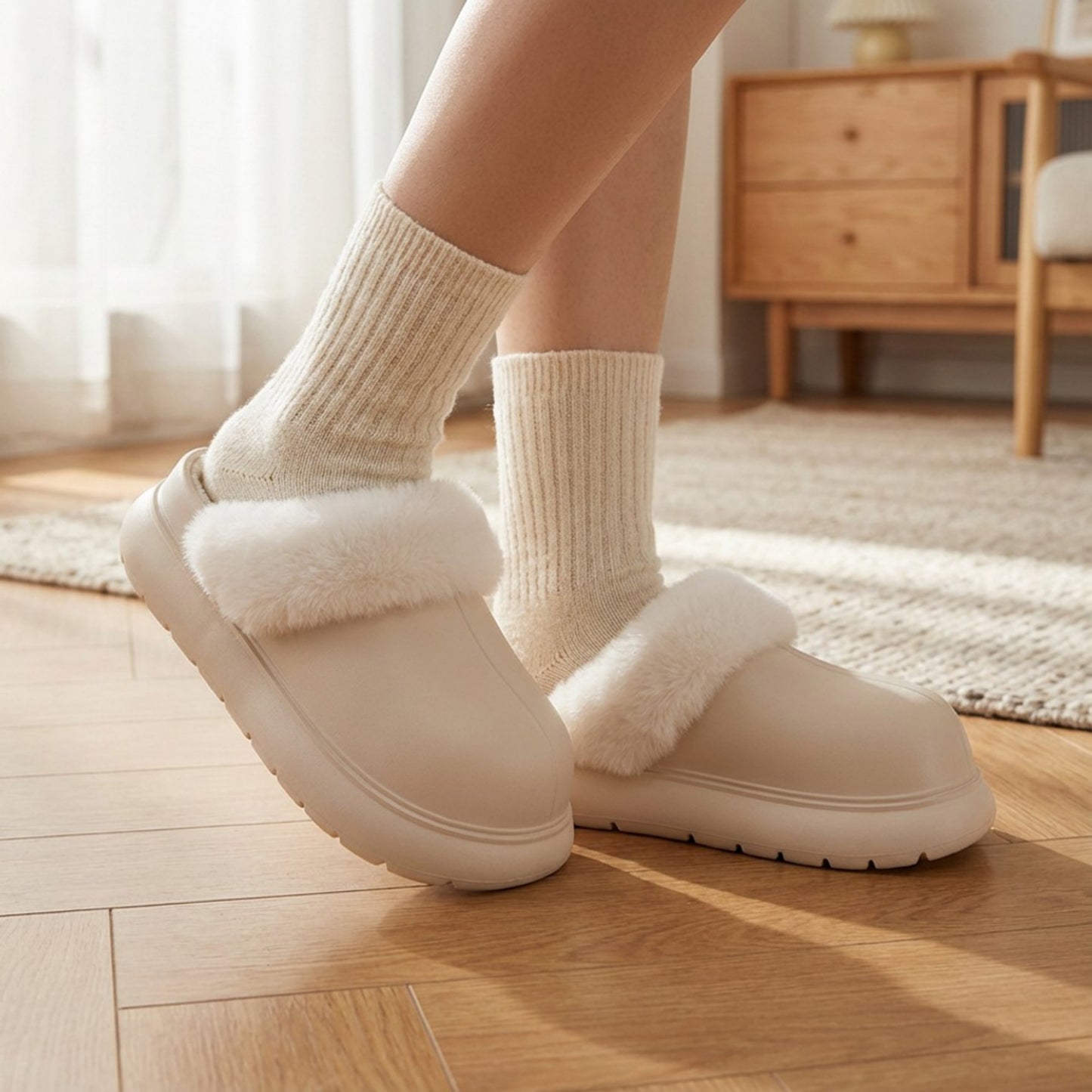 Closed Toe Mule House Slippers with Smooth Upper and Plush Faux Shearling Trim