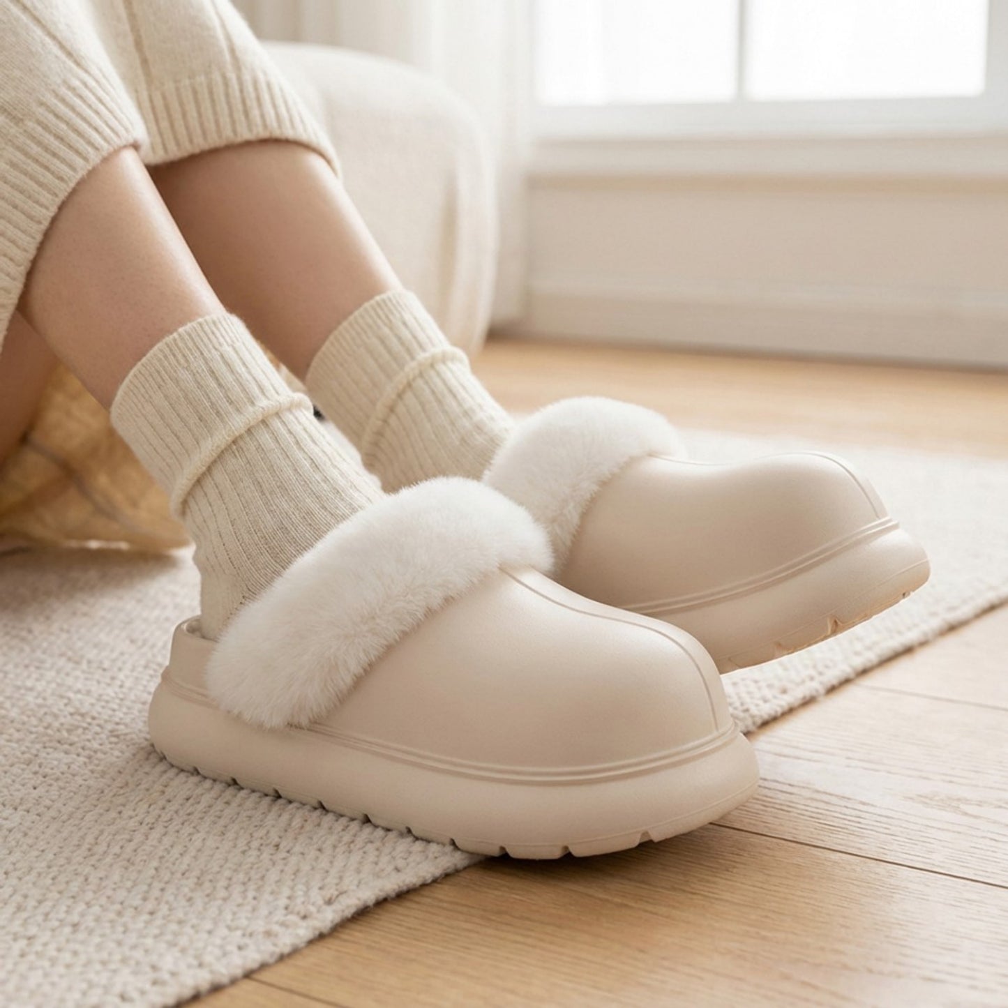 Closed Toe Mule House Slippers with Smooth Upper and Plush Faux Shearling Trim