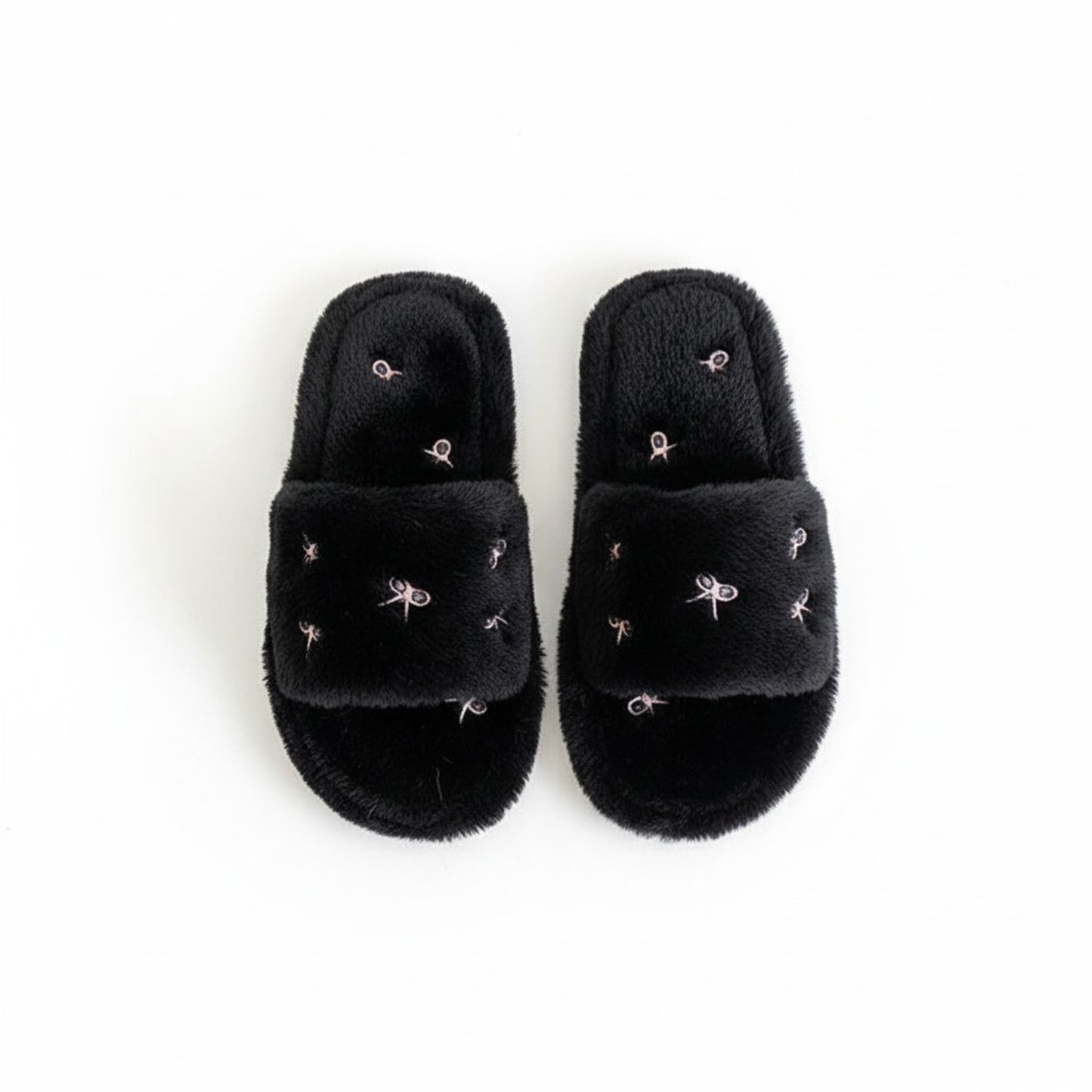 Valentine Plush Slide House Slippers with Embroidered Bow Detail and Soft Cushioned Footbed