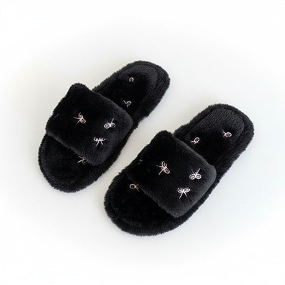 Valentine Plush Slide House Slippers with Embroidered Bow Detail and Soft Cushioned Footbed