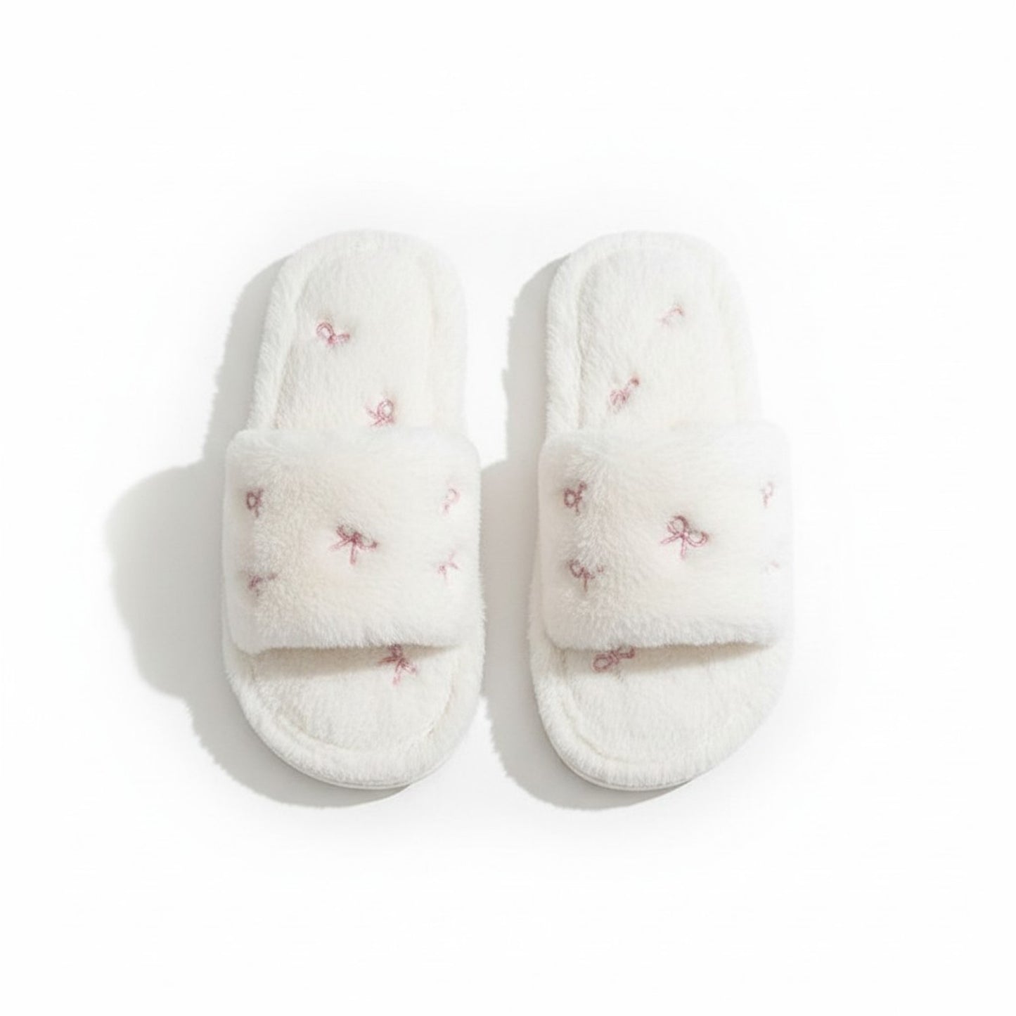 Valentine Plush Slide House Slippers with Embroidered Bow Detail and Soft Cushioned Footbed