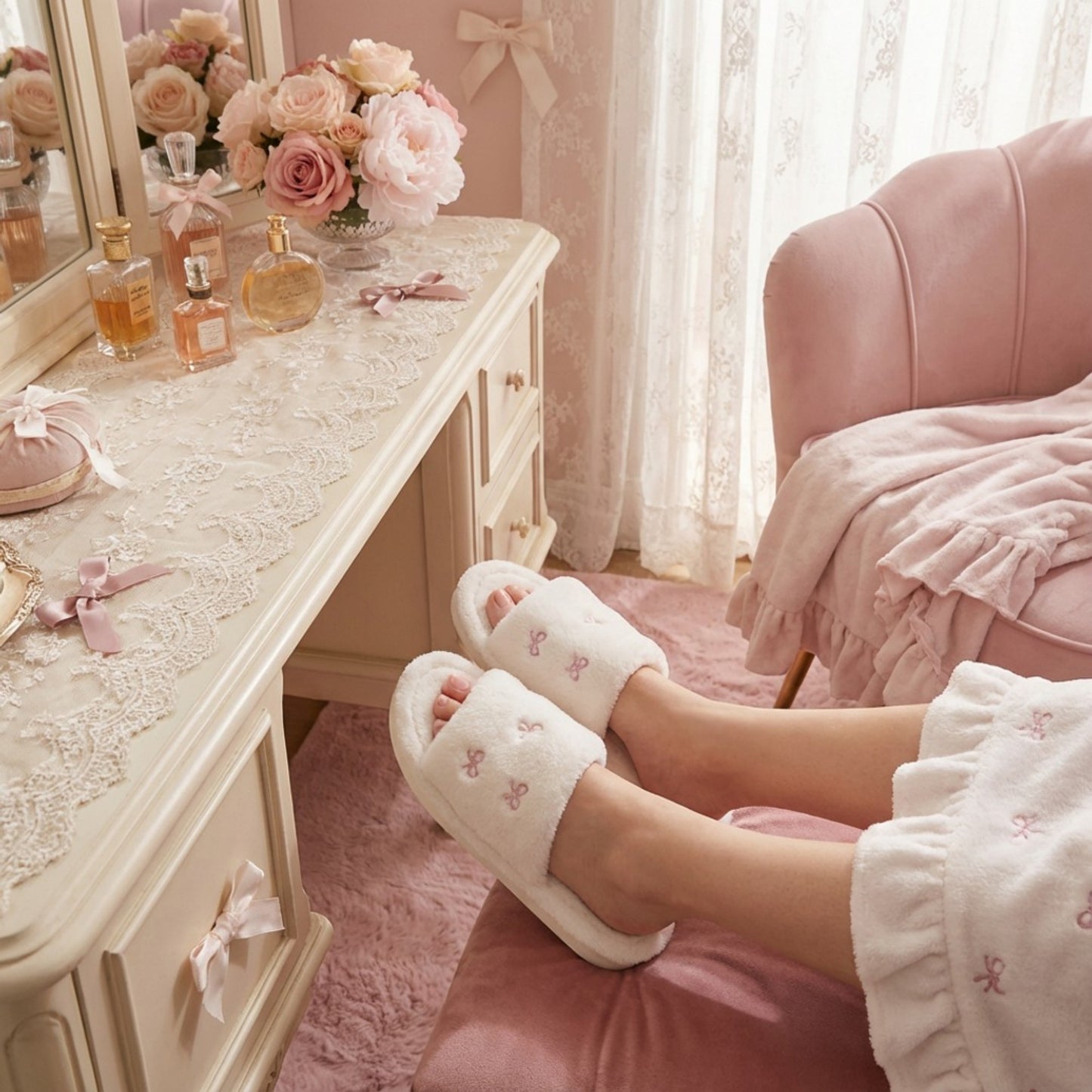 Valentine Plush Slide House Slippers with Embroidered Bow Detail and Soft Cushioned Footbed