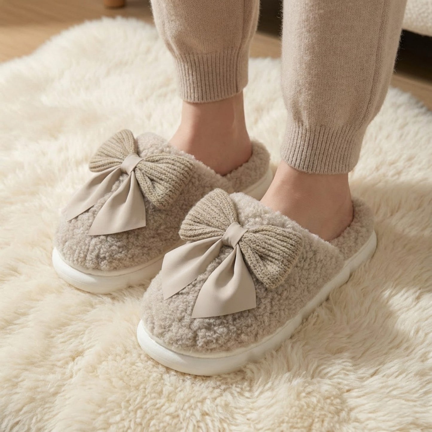 Plush Mule House Slippers with Valentine Oversized Bow Accent and Soft Cushioned Footbed