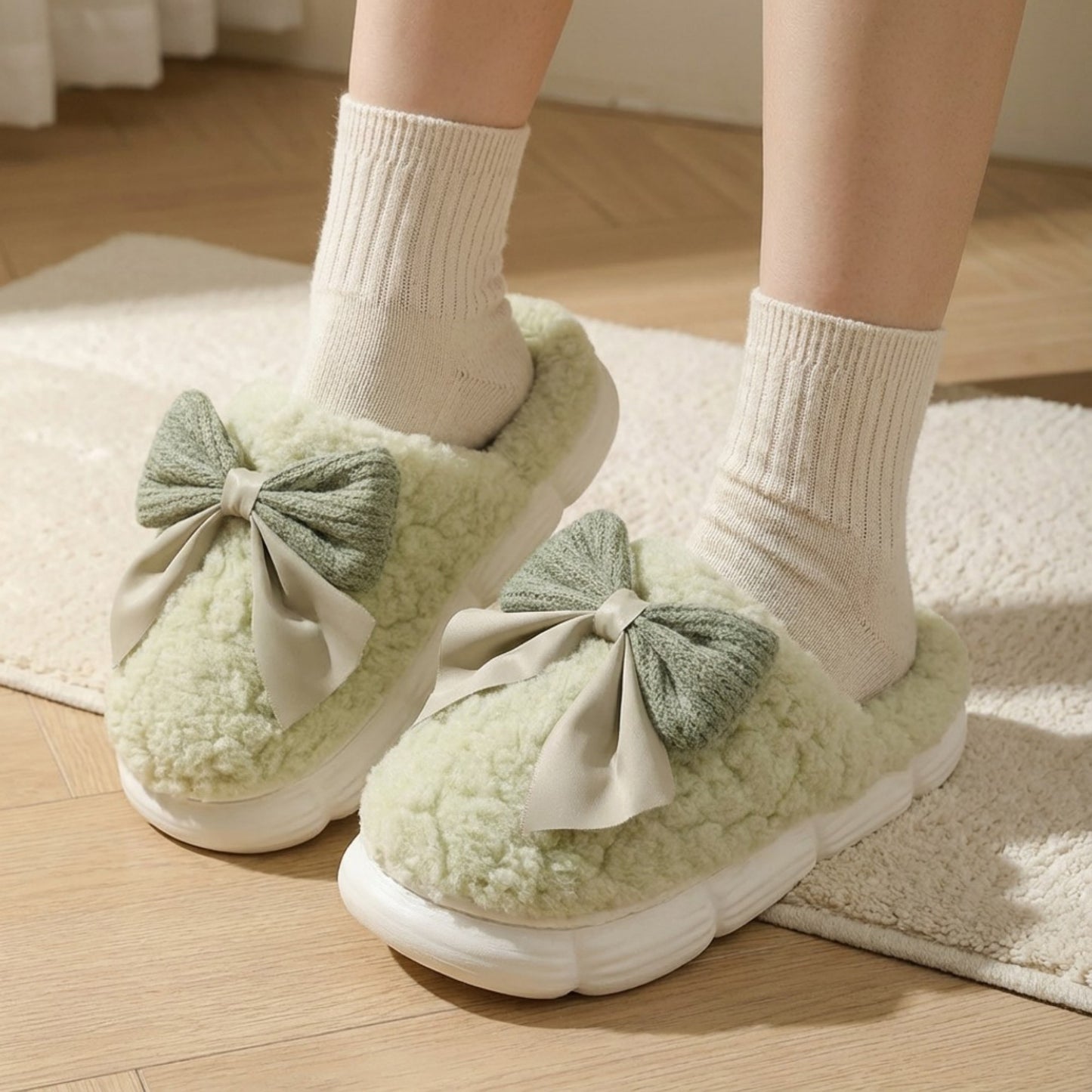 Plush Mule House Slippers with Valentine Oversized Bow Accent and Soft Cushioned Footbed