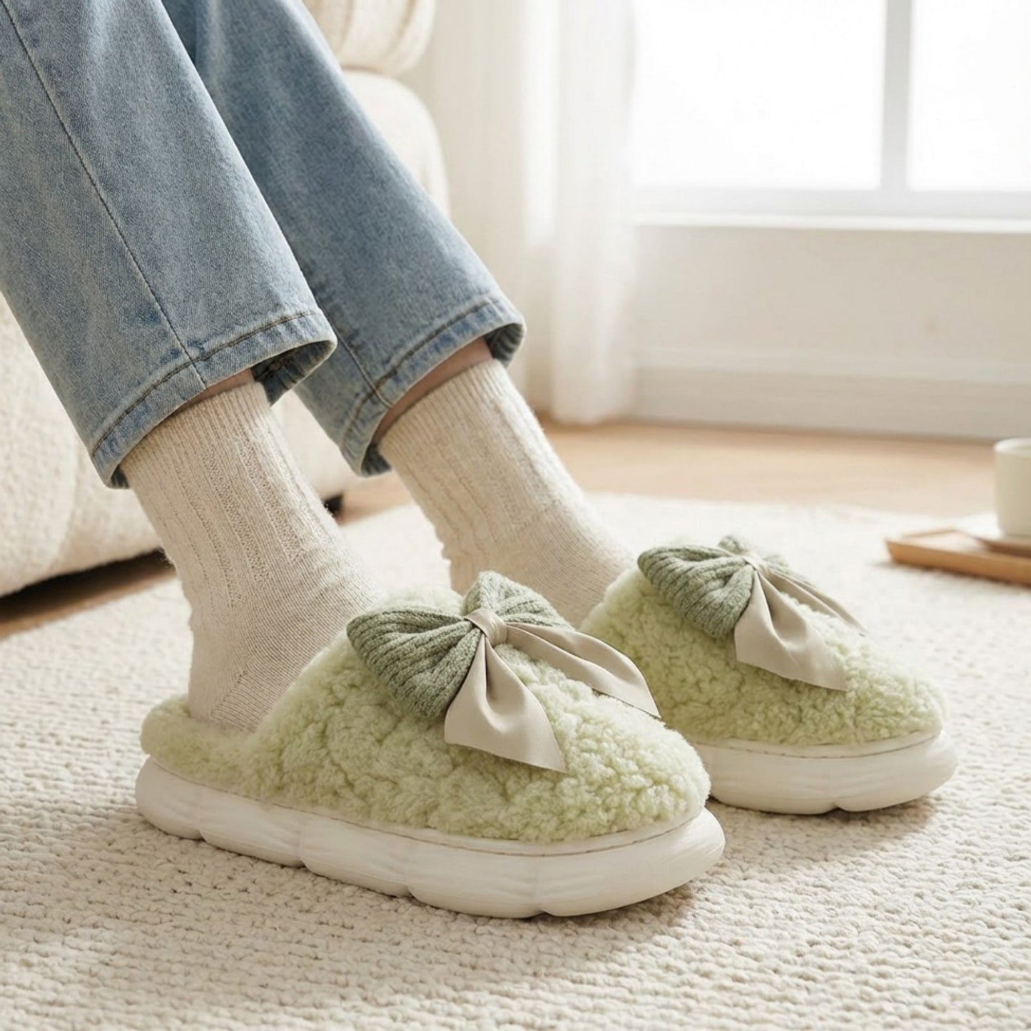 Plush Mule House Slippers with Valentine Oversized Bow Accent and Soft Cushioned Footbed
